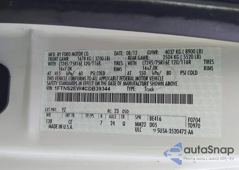 2012 Ford Econoline Commercial z USA, uszkodzony, nr VIN 1FTNS2EW4CDB39344